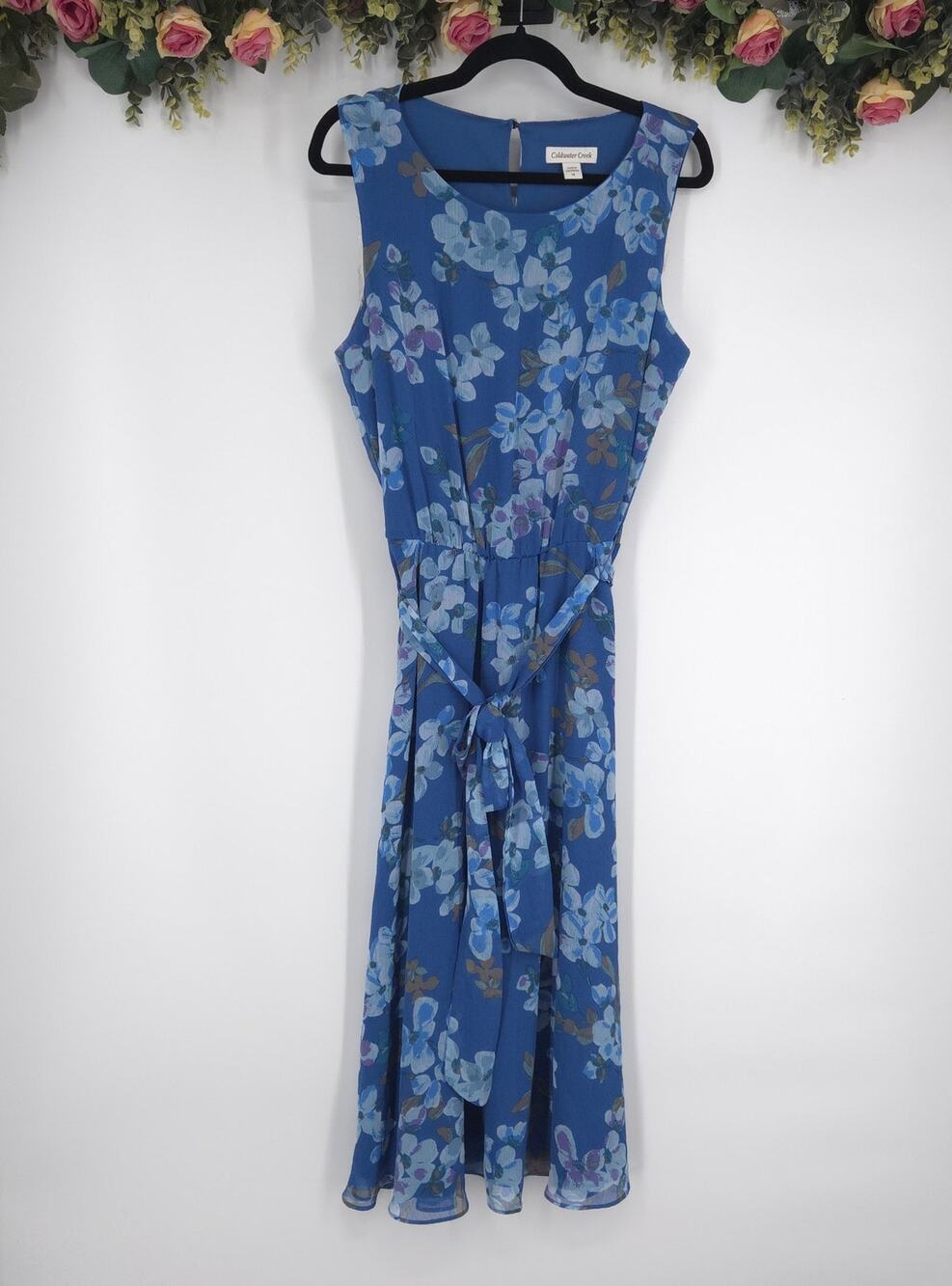Coldwater Creek Blue Floral Sleeveless Midi Dress Size 14